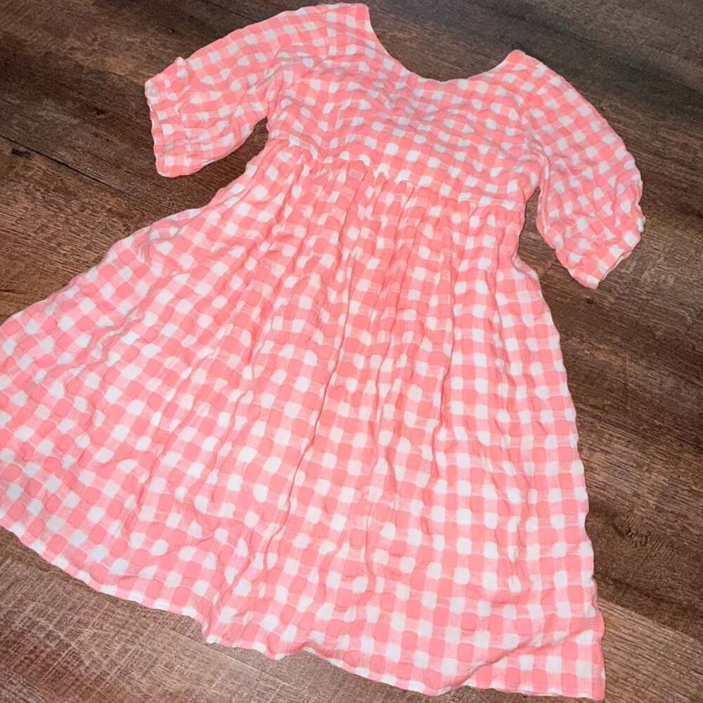 Girls Coral and White Gingham Dress with Floral Tie Detail, Size 7 - Picture 2 of 4